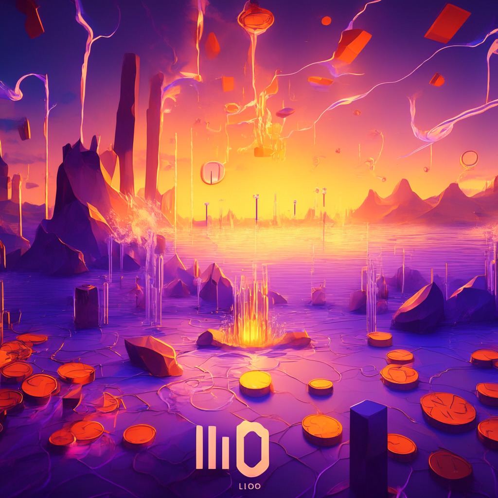 Ethereum staking scene depicting Lido's v2 upgrade, sunset lighting, vibrant colors, hints of risk and reward, diverse node operators, staking router as a central element, liquid staking tokens around, increasing decentralization, dynamic composition, air of anticipation, no brands or logos.