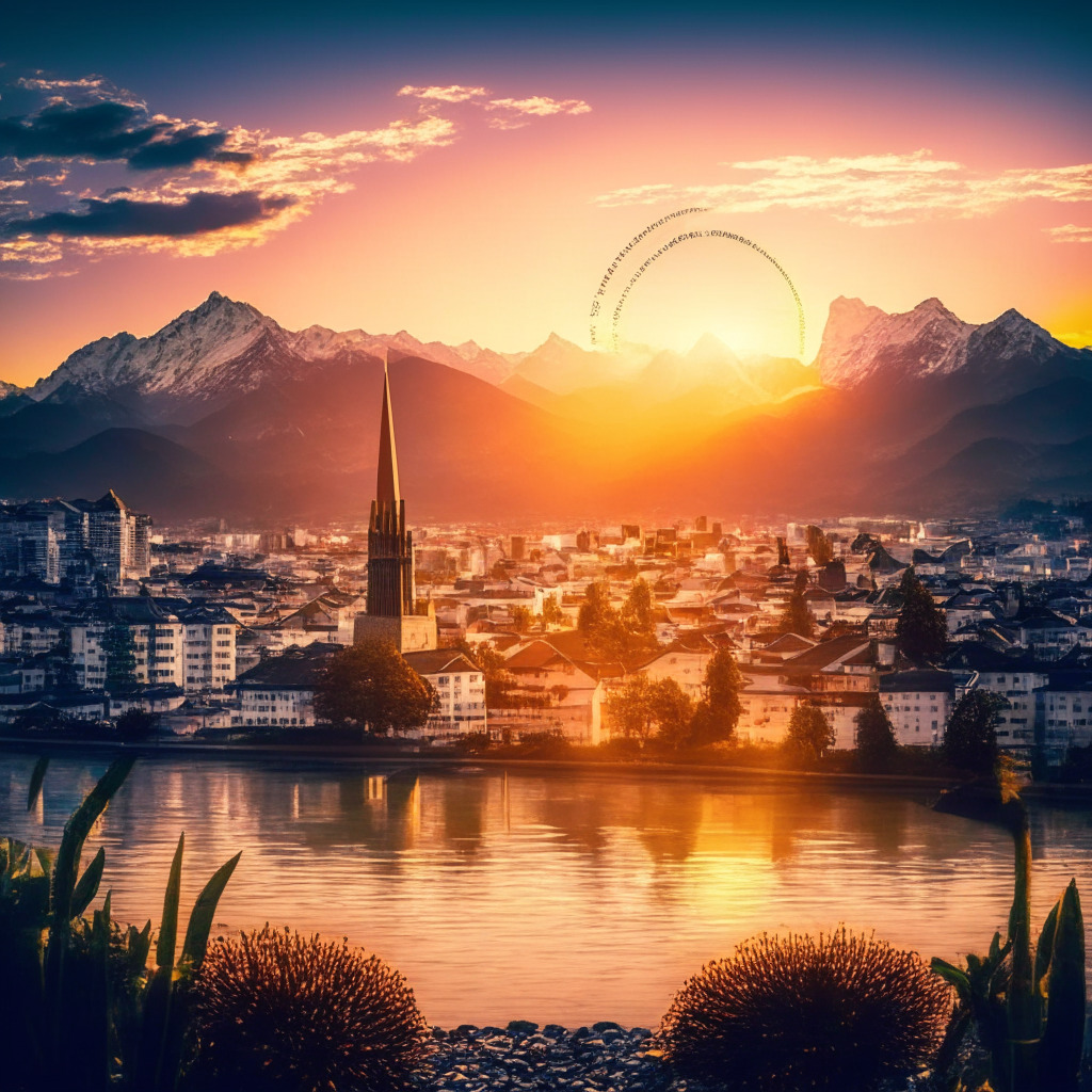 Crypto-friendly economy in Liechtenstein, Prime Minister Daniel Risch speaking, government accepting Bitcoin for public services, conversion to Swiss francs, European crypto hub vibes, cityscape resembling Zug and Lugano, bright yet cautiously optimistic atmosphere, serene sunset lighting, contemporary artistic style, poised for growth and innovation.