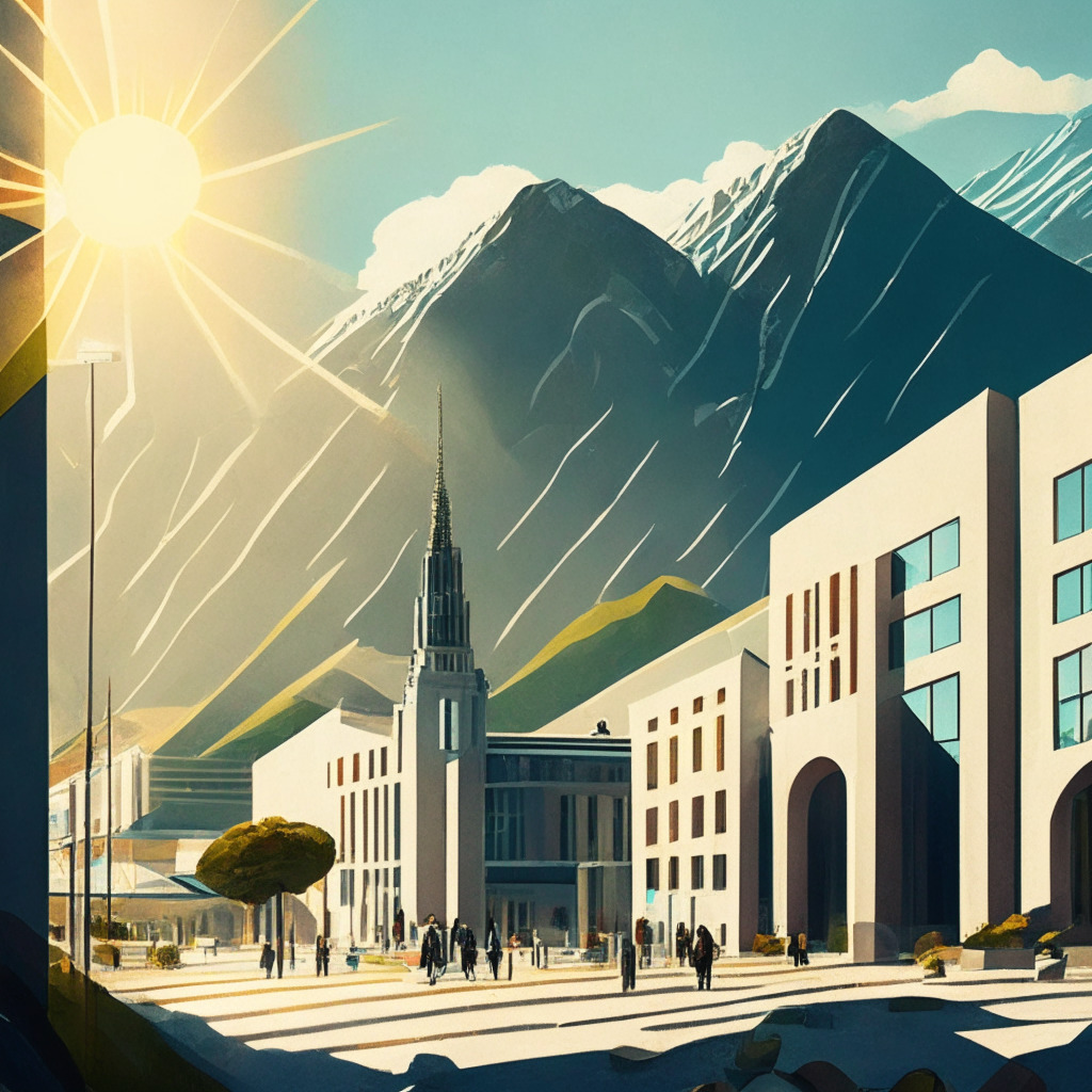 Liechtenstein accepting Bitcoin, diverse global crypto approaches, daytime cityscape with futuristic government buildings, contrasting shadows and warm sunlight, subtle touches of artistic Cubism style, tension between progress and regulation, sense of optimism and cautious excitement.