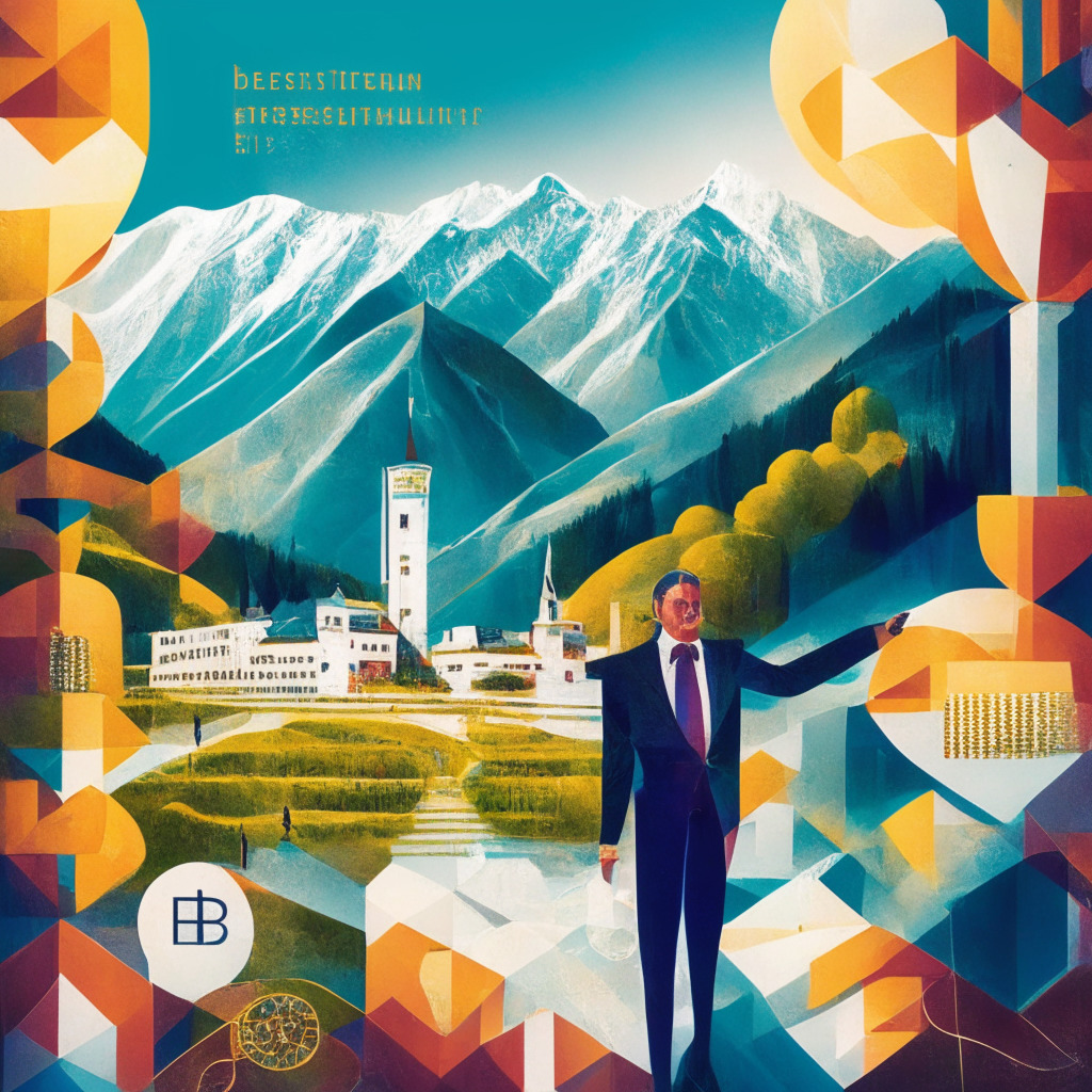 Liechtenstein landscape with futuristic digital structures, Prime Minister Daniel Risch extending a welcoming hand, citizens using Bitcoin for state services, a backdrop of the Blockchain Act document, Swiss Francs mingling with Bitcoin symbols, softly lit in warm and inviting colors, a blend of classical and modern artistic styles, evoking innovation, progress, and cautious optimism.