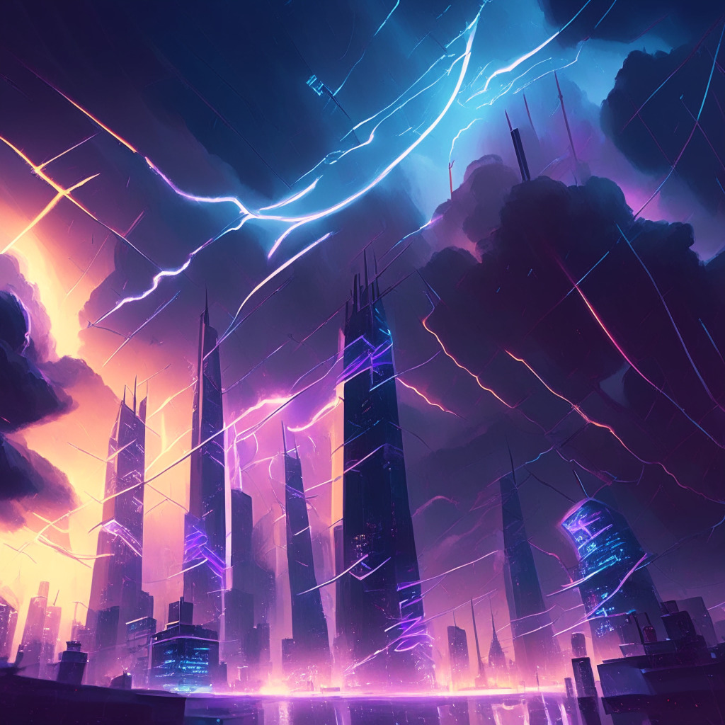 Futuristic financial cityscape, blockchain towers, Lightning Network as striking lightning bolts, micropayments as glowing orbs, moody twilight sky, dynamic brushstrokes, contrasting warm and cool tones, atmosphere of innovation and efficiency, energized network pulsing with transactions, speeding data, holographic QR codes floating above.