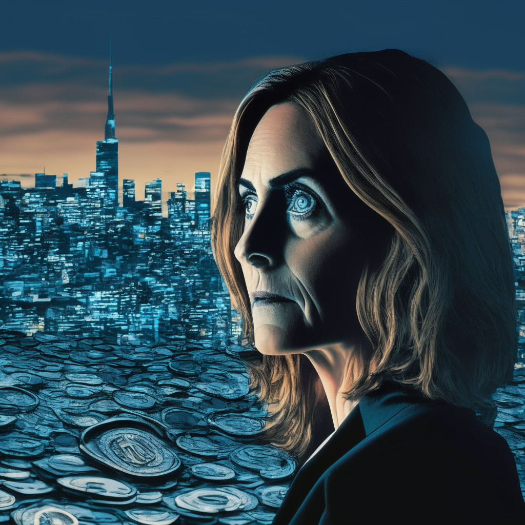 Linda Yaccarino as potential Twitter CEO, dusk-lit office background, panoramic view of city, magnifying glass over crypto coins, abstract digital waves, focus on Yaccarino's expressive face, chiaroscuro lighting emphasizing contrast, dynamic interaction between crypto realm and social media platform, mood of anticipation and cautious optimism.