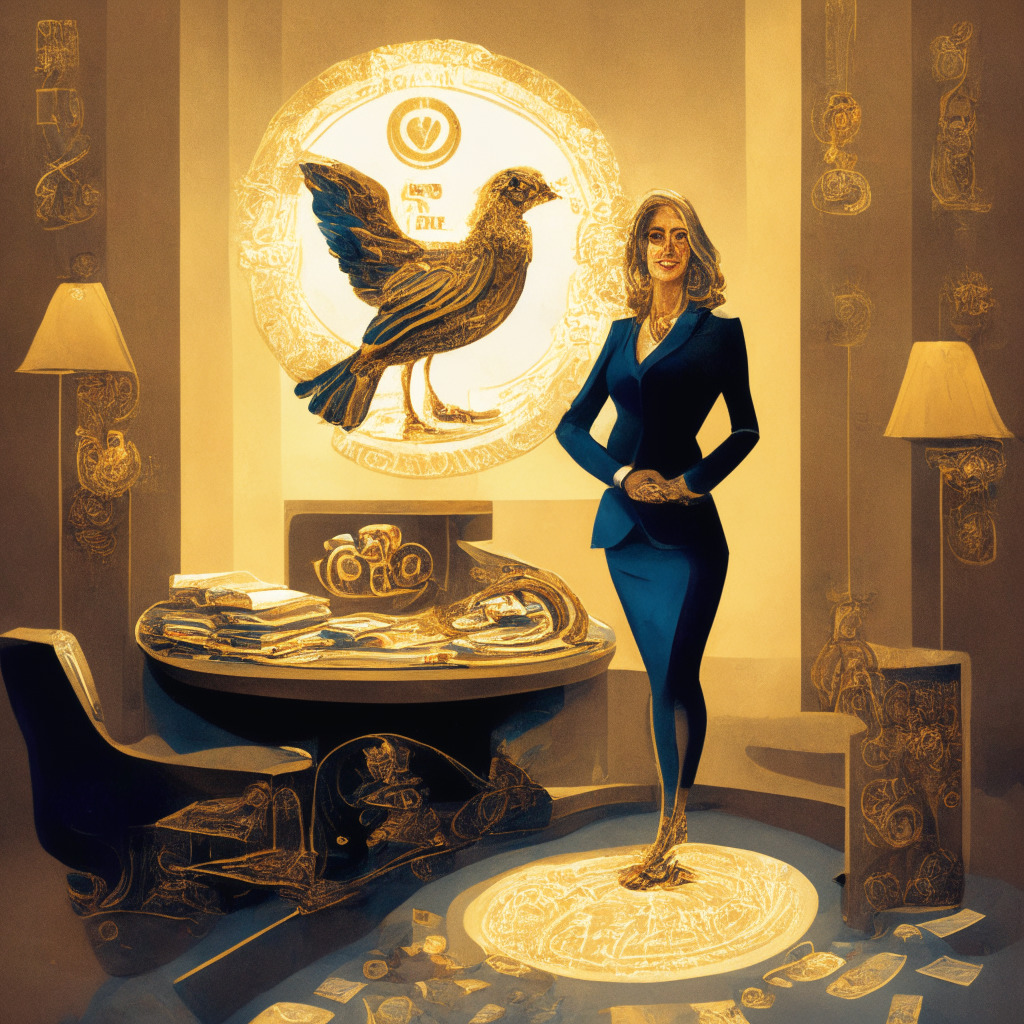 Linda Yaccarino as Twitter CEO, intricate office setting, warm golden light, Baroque artistic style, confident and visionary expression, crypto symbols and ad partnership icons hovering, balanced scales representing stability, dynamic mood, hints of new revenue possibilities, encrypted payment integration, competitive social media platforms in background.