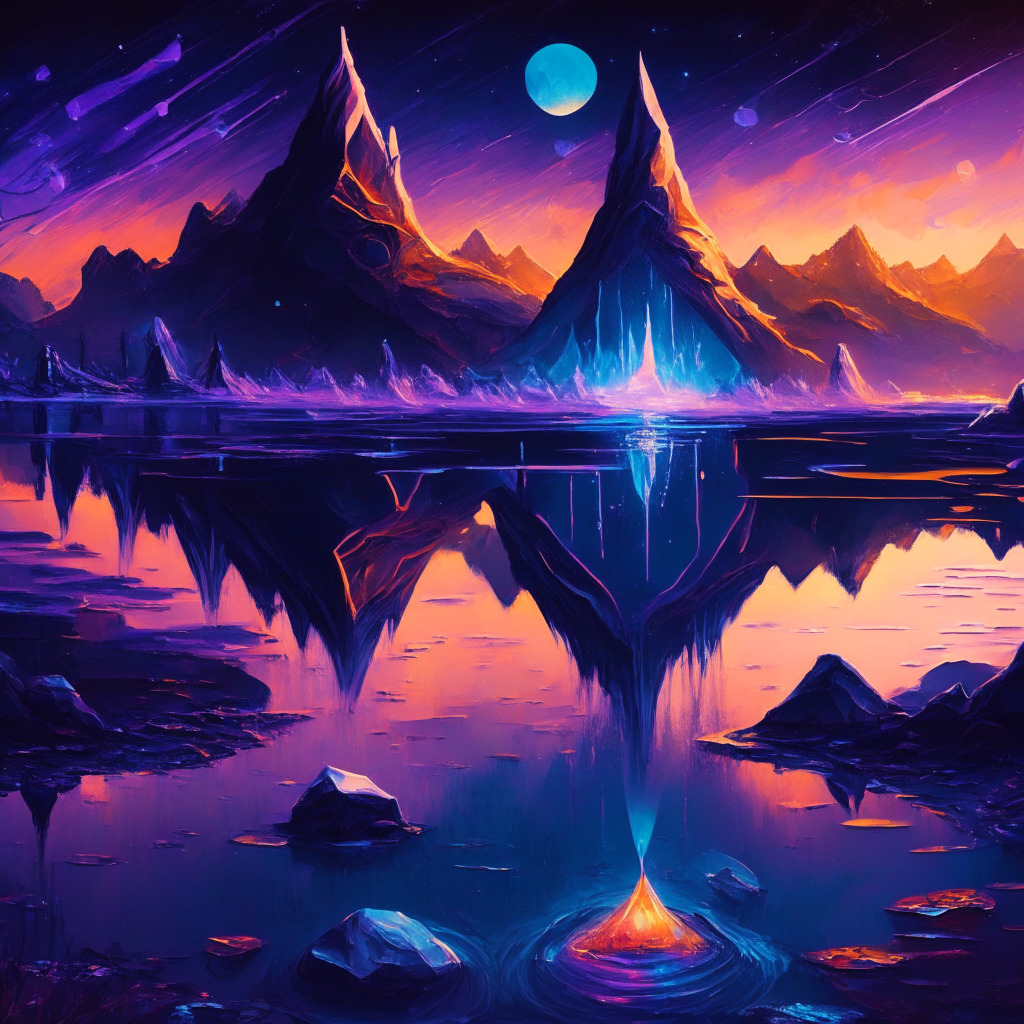 Twilight-lit crypto landscape, liquid staking tokens like radiant gems, mood of defiance amidst bearish trend, artistic brushstrokes highlight key players Lido Finance & Rocket Pool, Shapella upgrade as pivotal catalyst, subdued hues hint risks & caution, evoking calculated optimism.