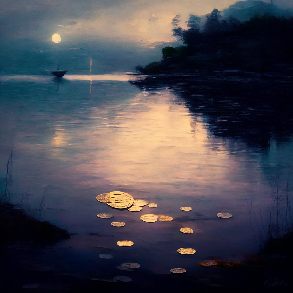 Ethereal twilight scene, Litecoin coin ascending among stagnant digital coins, Impressionist style, soft and warm colors, hopeful atmosphere, subtle hint of potential decline, ascending trend countered by calm waters below, gentle contrast of light and shadows.
