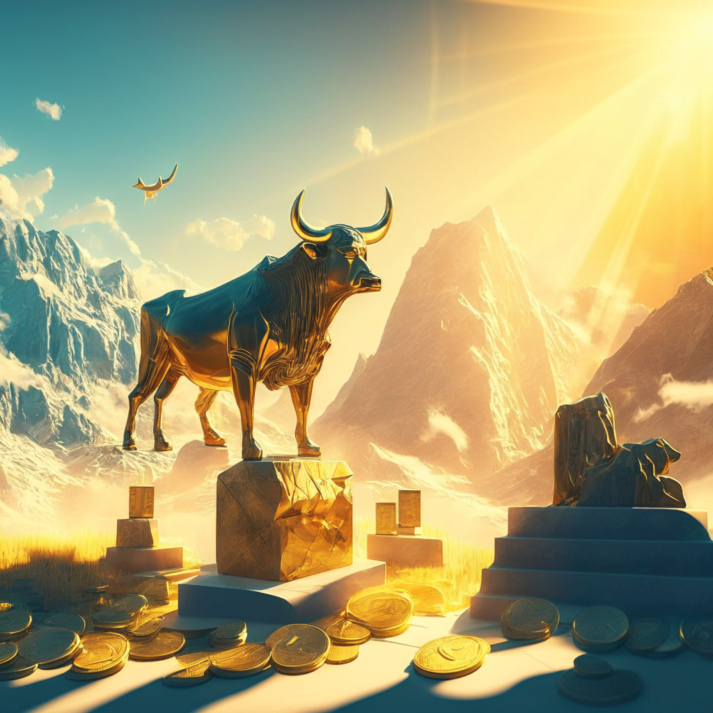 Cryptocurrency scene with a Litecoin bull sculpture, golden digital coins, ascending chart, halving countdown, serene mountain landscape, vibrant & futuristic atmosphere, warm sun rays, confidence & optimism emanating, soft contrasts, hint of volatility, subtle reminder for thorough market research.