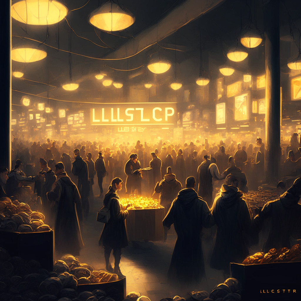 A bustling crypto marketplace: Litecoin (LTC) with new LTC-20 token standard and NFTs, golden-hued scene, energetic trade, dimly lit setting, futuristic-art style, confident mood, focus on rising prices and network activity, hint of uncertainty and debate.
