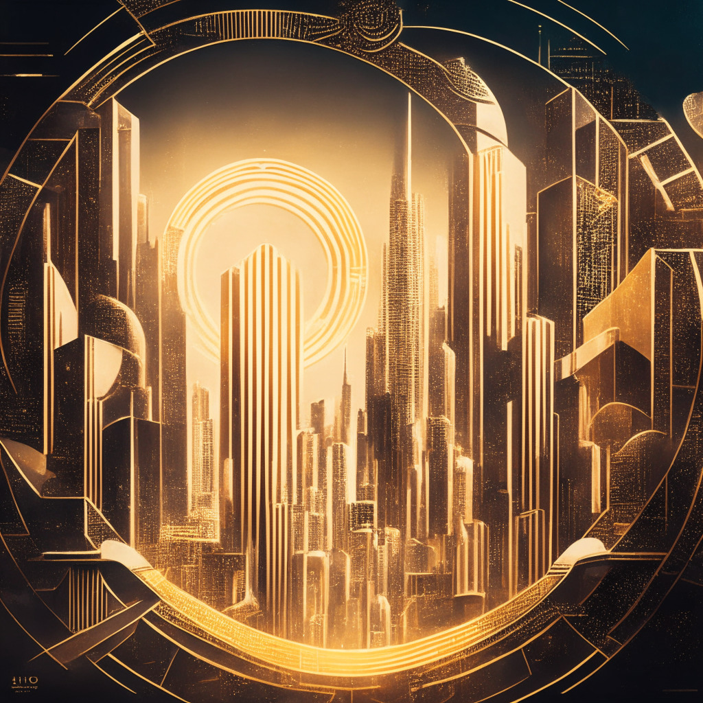 Futuristic payment-focused cityscape, soft golden glow, intricate blockchain patterns, mood of optimism, Litecoin halving moment, thriving digital marketplace, soaring currency tokens, supportive ecosystem, elegant Art Deco stylings, balanced composition, intertwined with elements of change.