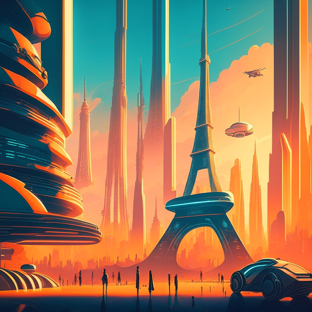 Futuristic cityscape with crypto theme, Eiffel Tower in background, diverse influencers discussing regulations, sunlit skyline, Art Deco style, warm colors, balanced composition, mood of cautious optimism, subtle hints of government oversight, a touch of innovation and technology. (350 characters)