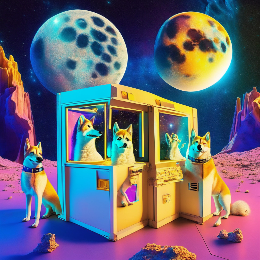 Surreal voting booth on the moon, Shiba Inu dogs casting votes, vibrant colors, Baroque-inspired style, soft-glow lighting, dynamic contrasts, polarized atmosphere, sense of anticipation, embrace of controversy, space-age vision of a secure voting platform, innovative fusion of meme culture and blockchain tech.