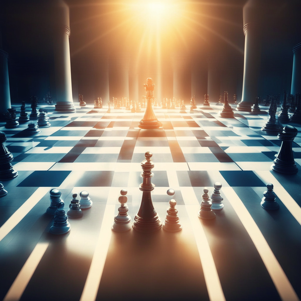 Futuristic financial market, MIAX acquiring LedgerX, diverse cryptocurrency portfolio, powerful business growth strategy, innovative swaps and futures products, glowing strategic partnership, chessboard showing strategic move, sunrays streaming through trading floor, warm and triumphant mood.