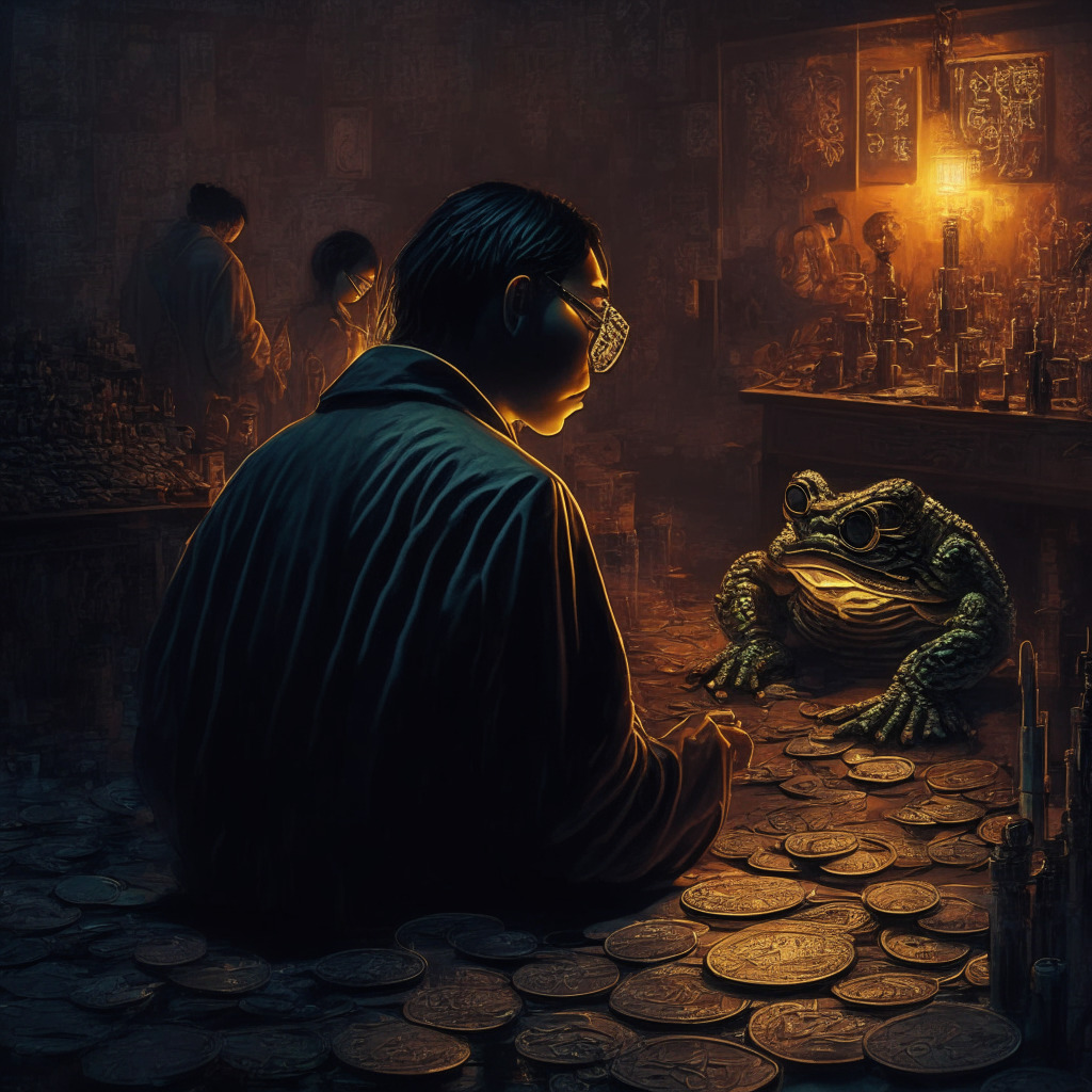 Intricate crypto scene, dusk light, chiaroscuro style, dramatic mood, Taiwanese-American musician, tech entrepreneur, massive PEPE token purchase, controversial crypto past, suspicions of market manipulation, NFT collection, seeking token's true value, caution, market research.