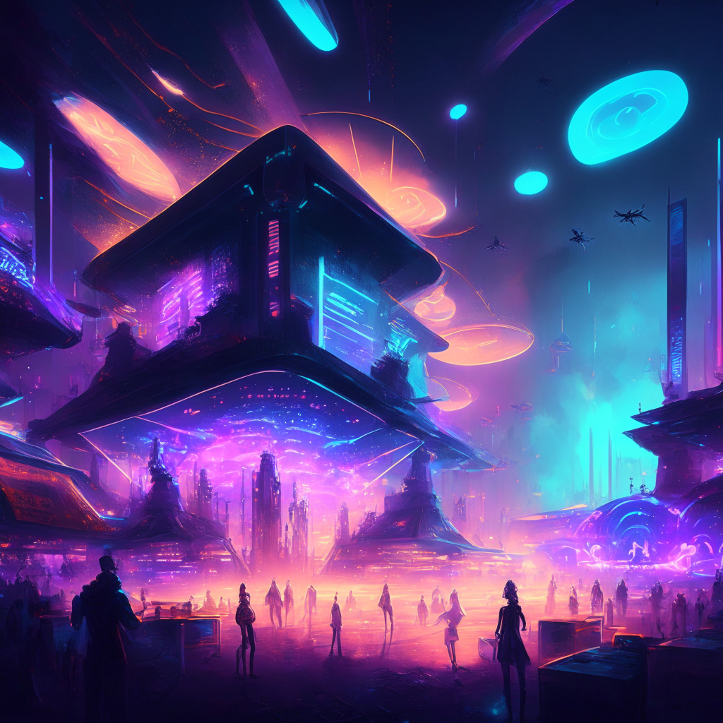 Futuristic NFT marketplace, twilight ambiance, vibrant digital art, interconnected platforms, juxtaposed artistic styles, dynamic mood, celebratory atmosphere, smooth trading experience, blockchain networks, high-energy transactions, robust competition, shimmering ethereal glow, visible uncertainty.