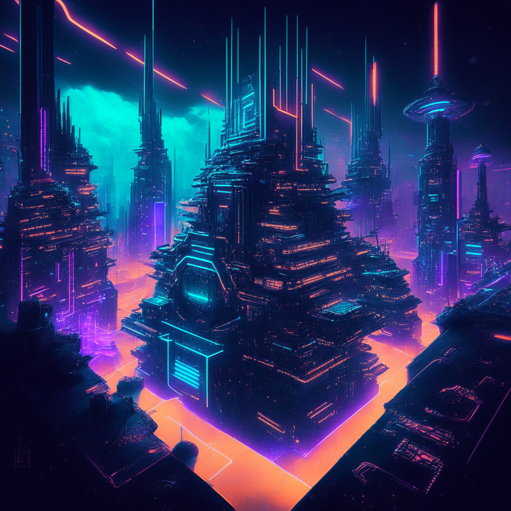 Futuristic decentralized cityscape, glowing neon lights, prominent DeFi protocol building at the center, diverse subDAOs surrounding the core building, hyperlinked through missions, mix of warm and cool tones, Baroque-meets-Cyberpunk artistic style, MakerDAO Endgame roadmap represented as holographic blueprint in the sky, visionary yet balanced and cohesive ambiance.