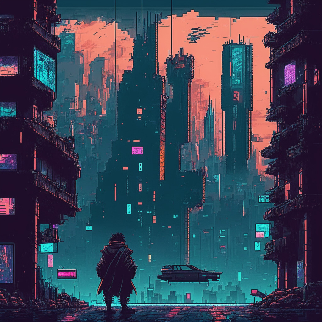 Gloomy, dystopian cityscape, atmospheric lighting, Mandela comic characters in intense action, pixel art style, underlying blockchain elements, vibrant NFTs, air of anticipation and innovation, contrasting skepticism, unifying traditional gaming and blockchain worlds, futuristic yet authentic mood.