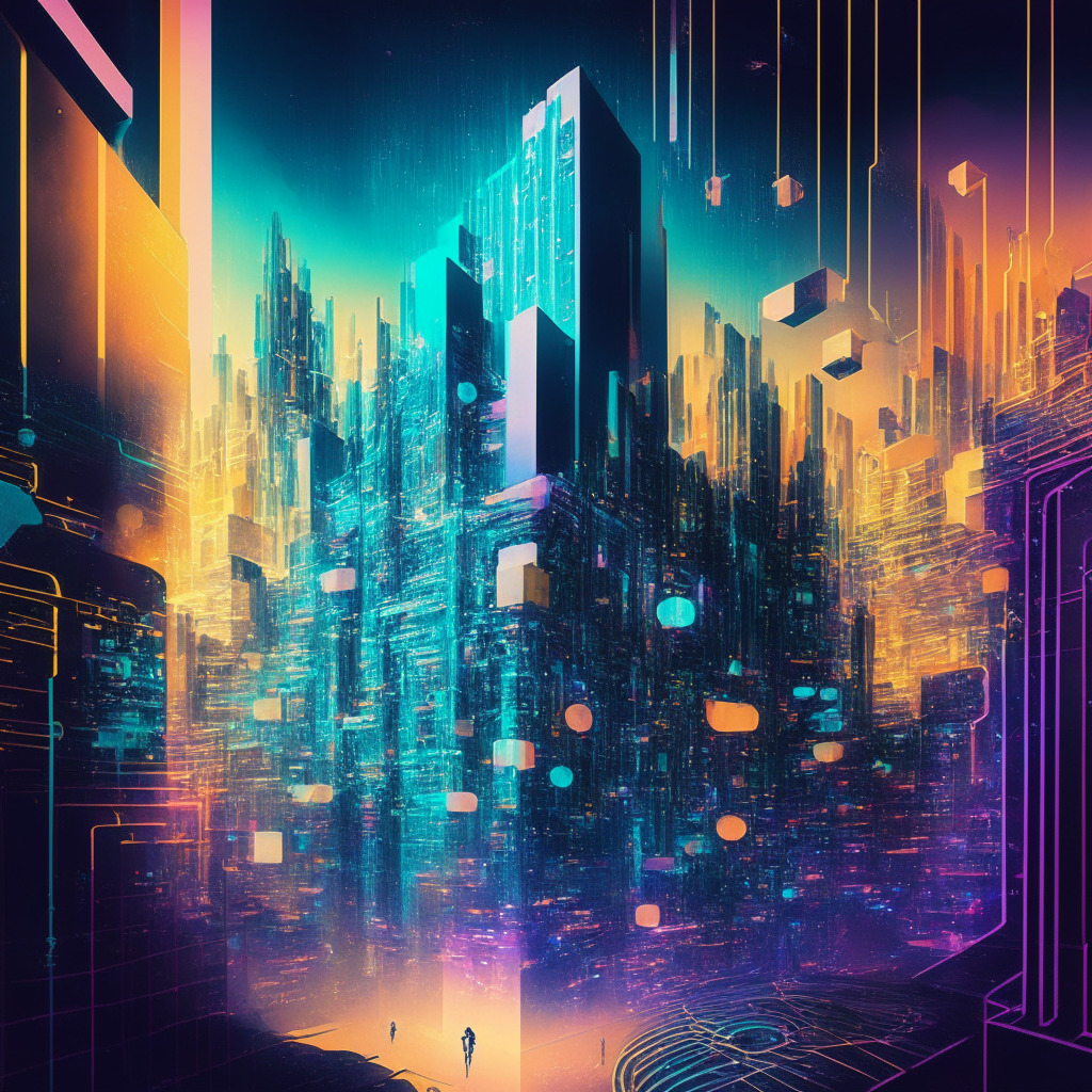 Privacy-focused crypto scene, layer-1 blockchain, rollup-based scaling solution, zero-knowledge soulbound tokens, on-chain activity, light emanating from a futuristic city, majestic abstract patterns, muted color palette, immersive surreal atmosphere, digital privacy melding with real world identity, sense of empowerment, visionary artistic style, blend of secure and user-friendly tech, trustless verification.