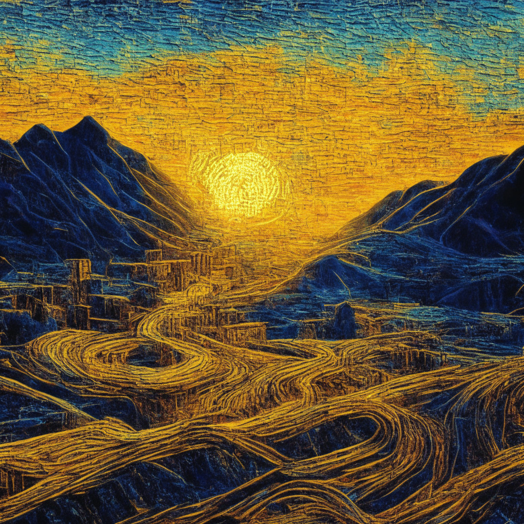 Intricate blockchain network, sunrise over a mine, van Gogh-inspired swirls, intense contrast, somber mood. SEC subpoena, concerned miners, data center in Montana, financial documents. Q1 2023 results: improved losses, slight revenue decrease, record Bitcoin production, optimistic CEO, successful amidst challenges.
