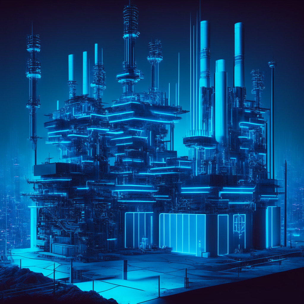 Intricate mining facility, energy-efficient equipment, nighttime setting, Miami skyline background, soft blue color scheme, neon lighting, futuristic style, subtle sense of growth and stability, optimistic mood, blend of realism and abstraction, focus on energy conservation and technology innovation.