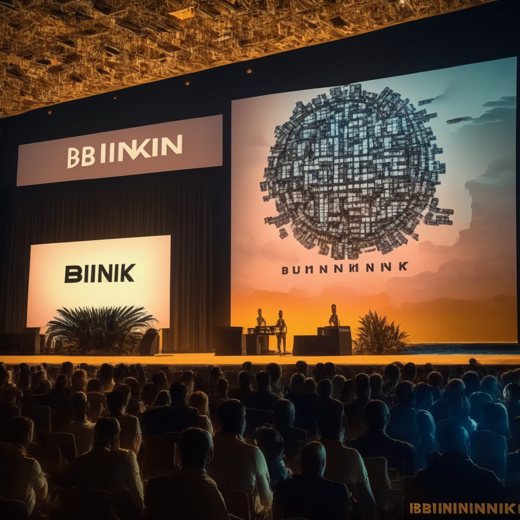 Scenic Miami Beach conference backdrop, Bitcoin mining giant's CEO announcing a pledge, Brink's logo projected subtly, Bitcoin Core developers working at laptops, intricate balance scale representing decentralization & corporate influence, warm lighting, optimistic yet thought-provoking mood.