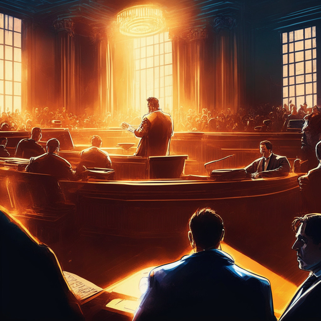 Sunlit courtroom, Mark Cuban vs SEC, intense debate, crypto tokens in balance, futuristic blockchain cityscape, uncertain regulatory environment, passionate discussion,Twitter confrontation, chiaroscuro lighting, contrasting opinions, mood of anticipation and tension, vibrant crypto market, ripple effect.