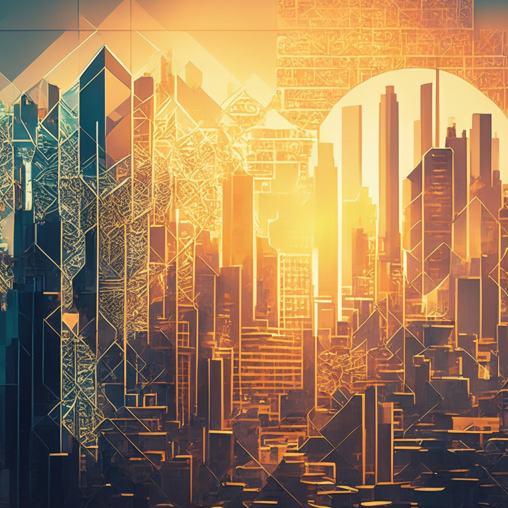 Intricate blockchain cityscape, soft sunrise glow, crypto wallets represented by geometric shapes, Web3 technology integrated into daily life, slightly impressionistic artistic style, warm and inviting atmosphere, a touch of caution with subtle shadows, capturing innovation, privacy, and global adoption.