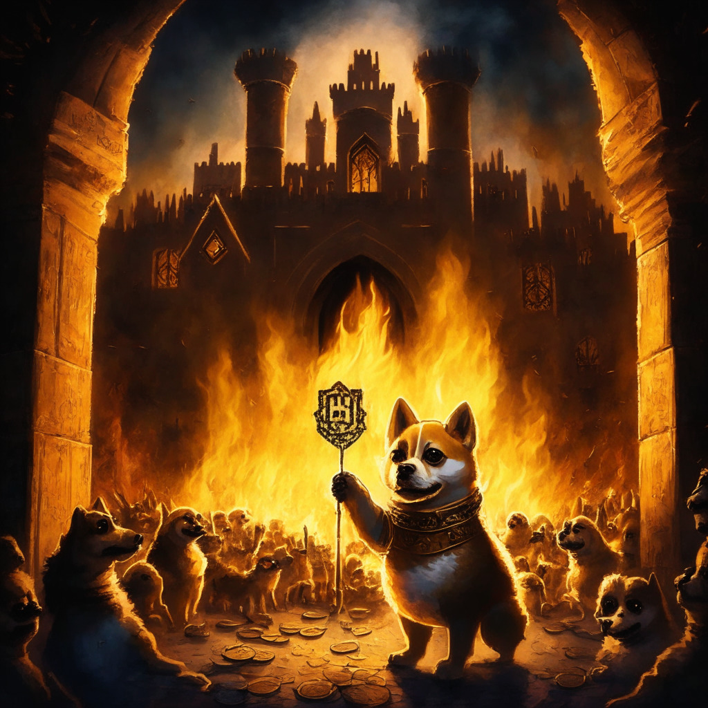 Intricate medieval painting, Baby Doge mascot, burning tokens, Ethereum logo, excited crowd, 0% transaction fees, dark shadows, warm golden light, gothic style, vibrant colors, suspenseful atmosphere, secure fortress, potential obstacle in distance, resilience, determination.
