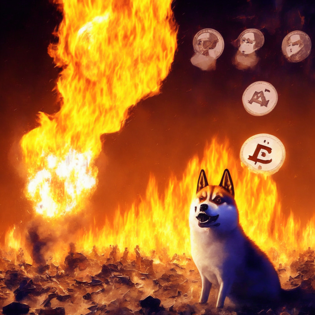Ethereum protocol, massive token burn, 100 quadrillion BABYDOGE, community concerns, reduced transaction fees, memecoin strategy, DAO proposal, unofficial voting, overwhelming support, potential historic burn, hundreds of millions of dollars, competition from FLOKI and Shiba Inu, investment caution, artistic depiction of burning tokens, low-light setting, intense and dramatic atmosphere, fiery colors, contrasting cool tones, impressionistic style, sense of urgency and transformation.