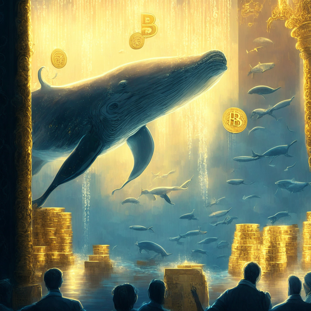 Intricate Bitcoin whale scene, soft golden light, impressionist style, mysterious mood, opulent surroundings with cryptographic symbols, large digital vault door, transaction data glowing on a screen, worried market traders in background watching BTC price fluctuations, ocean-themed decor showing the whale's power over market trends.