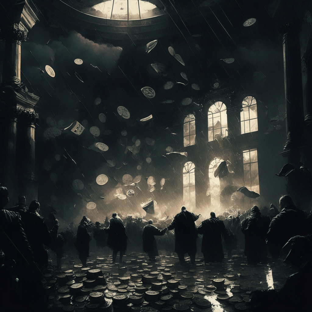 Massive crypto selloff scene, dark stormy skyline, shattered coins raining down, fearful investors in Baroque style, dimly lit setting, eerie mix of chiaroscuro and tenebrism, chaotic atmosphere, fragile financial structures, display of market uncertainty in earthy tones, under a heavy shadow of doubt.