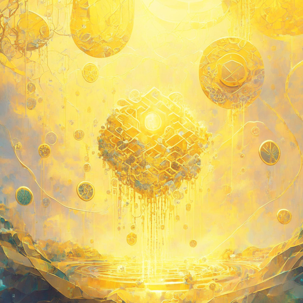 Intricate blockchain, golden tokens cascading from airdrops, diverse users interacting, ethereal technological landscape, warm sunlight, glowing protocol connections, uplifting ambiance, sense of harmony and growth, gentle impressionistic brushstrokes, delicate balance of security and incentives.