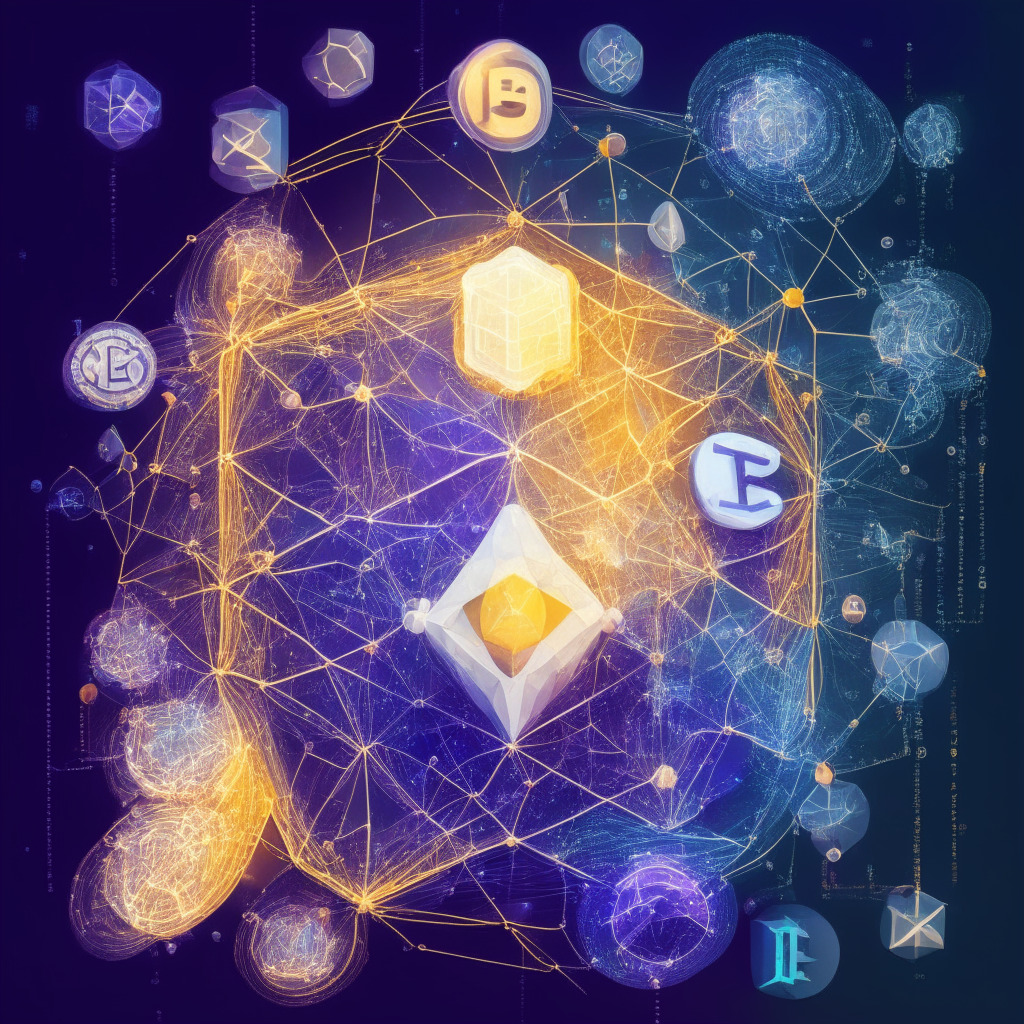 Ethereum blockchain intricacies, smart contract interactions, diverse transaction types, artistic blockchain visualization, warm sunlight illuminating nodes, interconnected system, serene complexity, mood of innovation and exploration, timely transaction success, gas fee influence, and informed decisions.