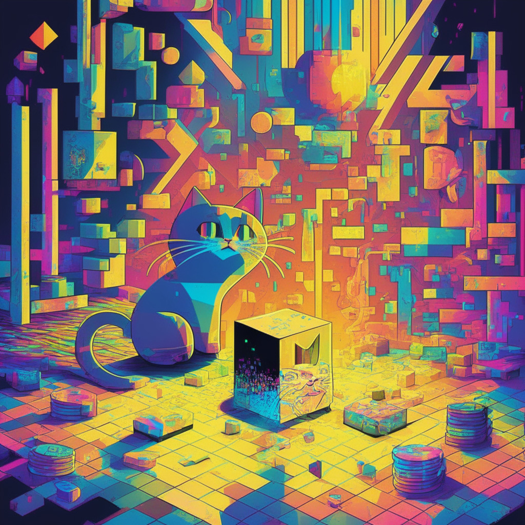 Intricate digital art scene, Nyan Cat doodle, crypto coins, non-fungible tokens, warm-toned color palette, light-hearted mood, chiaroscuro lighting, subtle Pop Art style, contrasting elements representing greed/deception, unity/creativity, geometric and abstract elements, futuristic vibe.