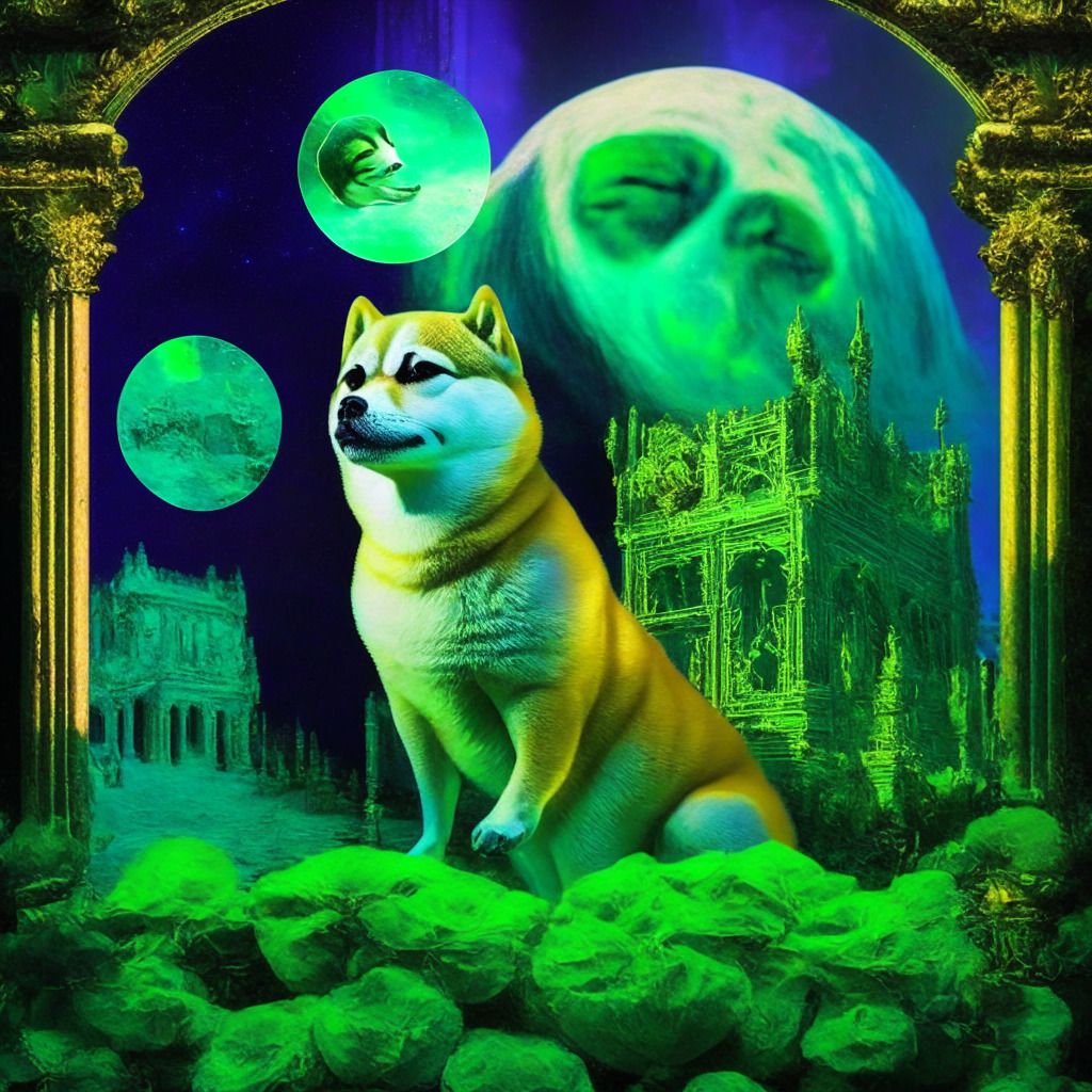 AI-powered meme generator, moonlit metaverse, green ecosystem, social media polling, baroque style, chiaroscuro lighting, vibrant colors, whimsical mood, AiDoge, DeeLance, Ecoterra, Love Hate Inu, 10x gain potential, emerging crypto projects.