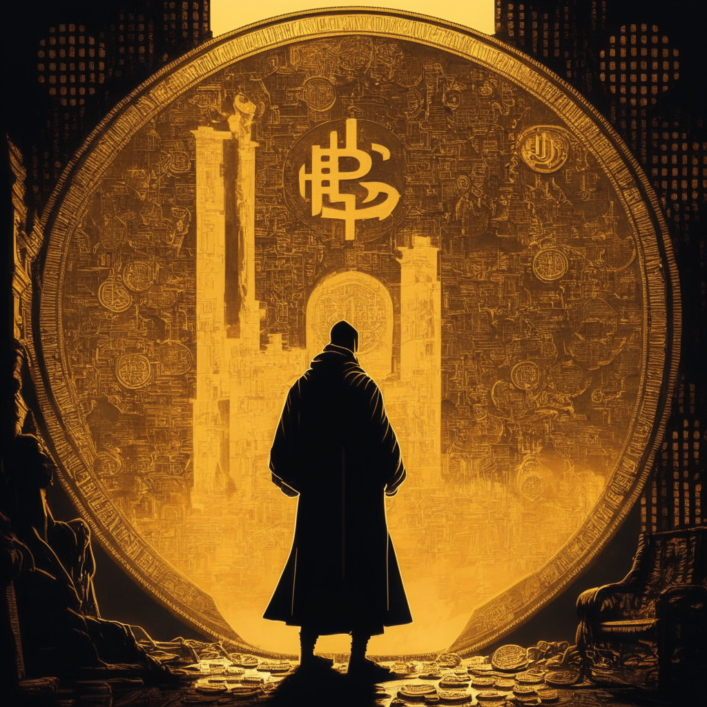 Intricate crypto scene, mysterious figure Ben.eth, PEPE meme coin frenzy, NFT empire, dramatic ascent to prominence, $BEN and $PSYOP tokens, controversial launch, golden hues, soft shadows, intriguing mood, silhouette of an empire builder, cautionary tale, tangled web of risks & rewards.