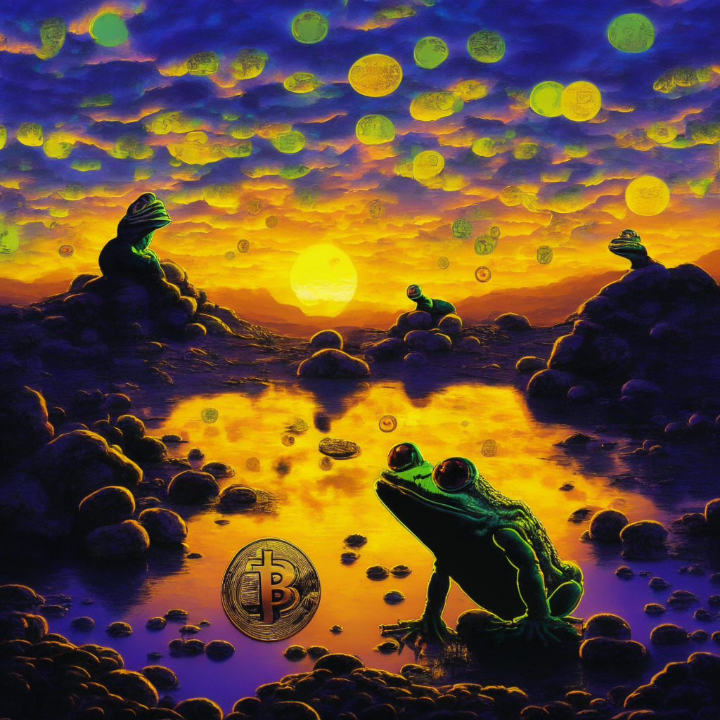 Surrealist crypto landscape, technicolor twilight sky, silhouettes of diverse coins, PEPE frog as focal point, contrast of exuberance & caution, mild chiaroscuro, Bitcoin's subtle golden glow, dynamic mood, hint of speculative bubble tension.