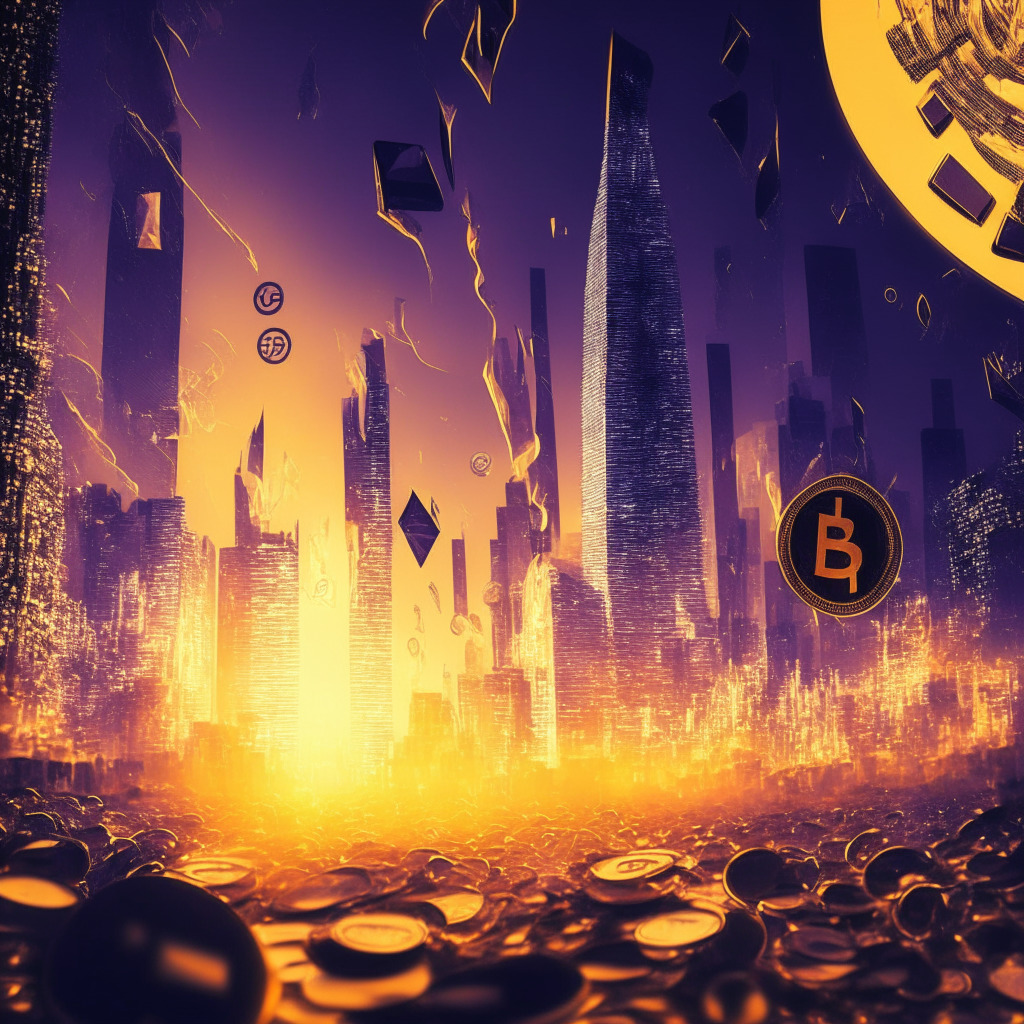 Ethereum blockchain at dusk, abstract tokens swirling, high-stakes environment, chaotic trading atmosphere, contrast of light & shadows, FOMO-induced tension. Excited traders navigating memes coins, digital gold rush, shimmering futuristic city backdrop, hints of skepticism, frenetic energy.