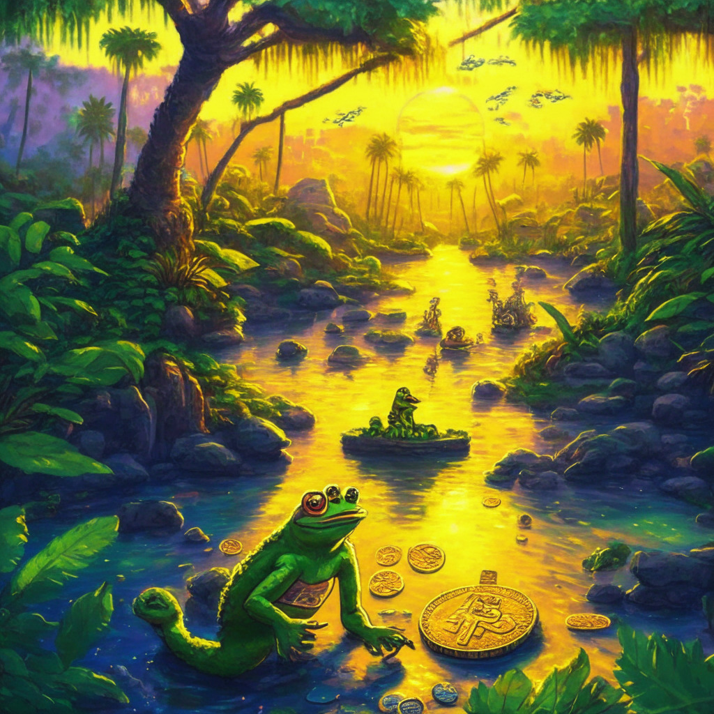 Sunset-lit crypto jungle scene, diverse meme coins competing amid lush foliage, AiDoge creating a witty meme with paintbrush, Copium tree offering comfort to traders, Love Hate Inu facilitating poll vote by a sparkling river, SpongeBob-inspired tokens frolicking, triumphant Pepe the Frog perched high, overall mood: adventurous, vibrant.