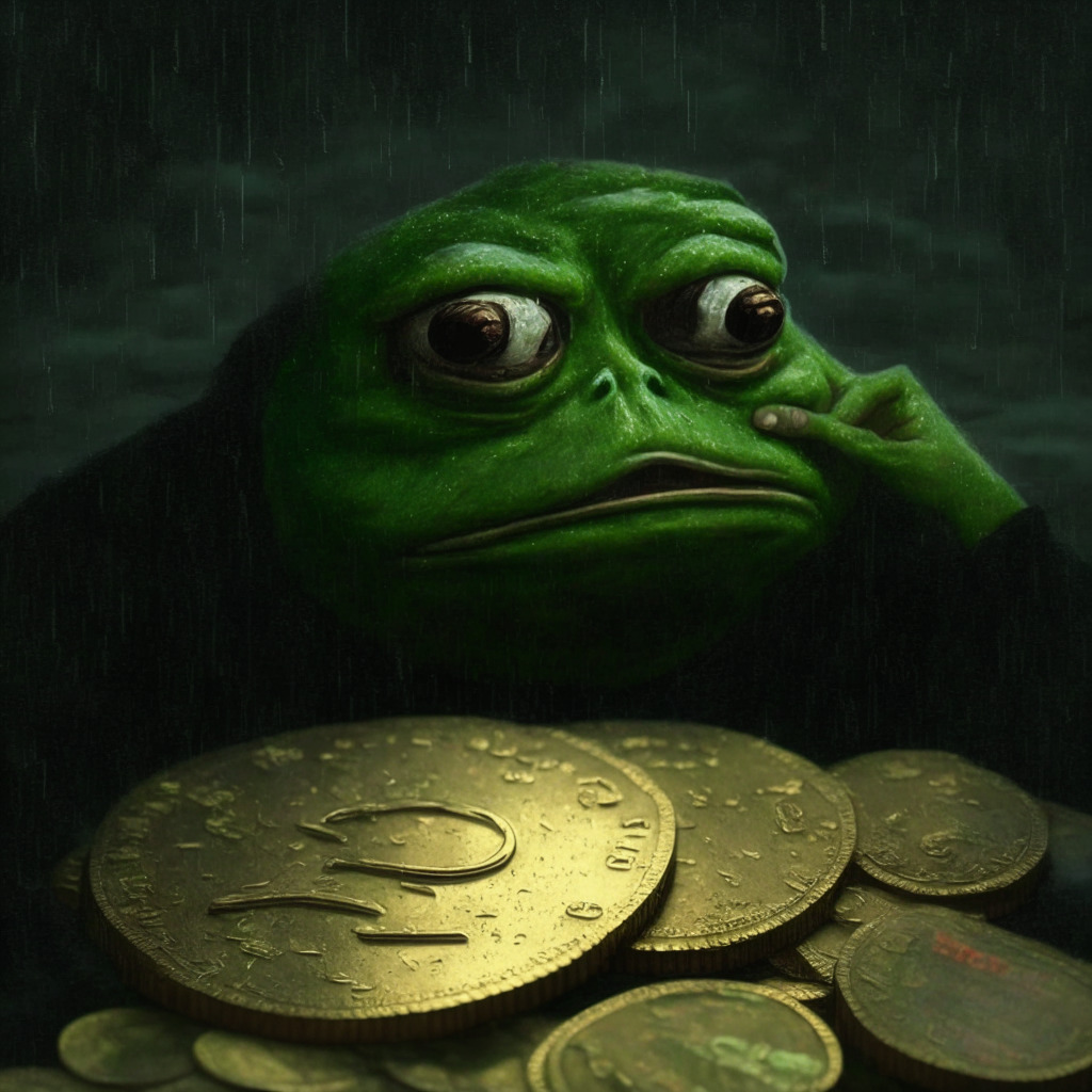Gloomy crypto market, Pepe the frog meme coin, declined enthusiasm, smart money wallets reduce holdings, artistic chiaroscuro lighting, somber mood, fading meme coin mania, diminishing potential for profit, cautious navigation in volatile landscape.