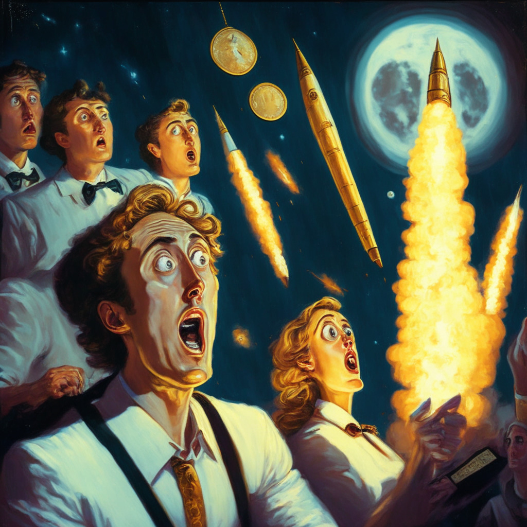 Moonlit rocket launch, meme coins bouncing, artistic baroque style, warm glowing lights, celebratory mood, NFT paintings in the background, a skeptical investor observing, exaggerated expressions and gestures.