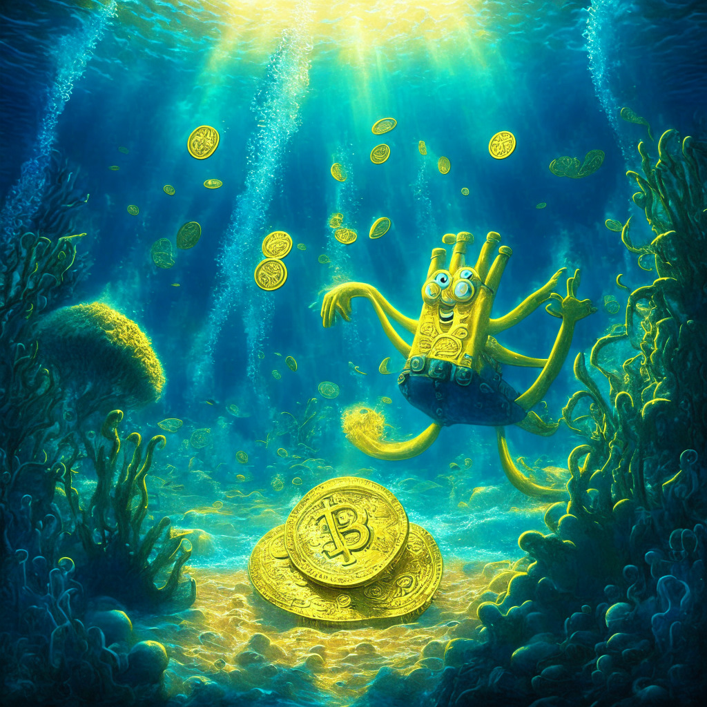Surrealistic underwater landscape, SpongeBob holding crypto coins, golden light beams filtering through water, chiaroscuro shading for dramatic effect, bustling marine life symbolizing market activity, contrasting cool blues and warm golds, overall ambience of excitement and caution, sense of volatility with swirling currents, investors represented as sea creatures.