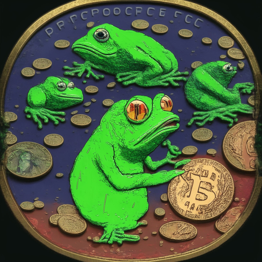 Fading meme coin rally with falling PEPE token, intricate chiaroscuro, tense atmosphere, frog-inspired currency losing grip, 11% decrease in value, NFT ecosystem intrigue, contrasting colors, selling pressure shadow, market makers and investors allocation concerns, cautionary mood, impending token unlock in monochromatic hues.