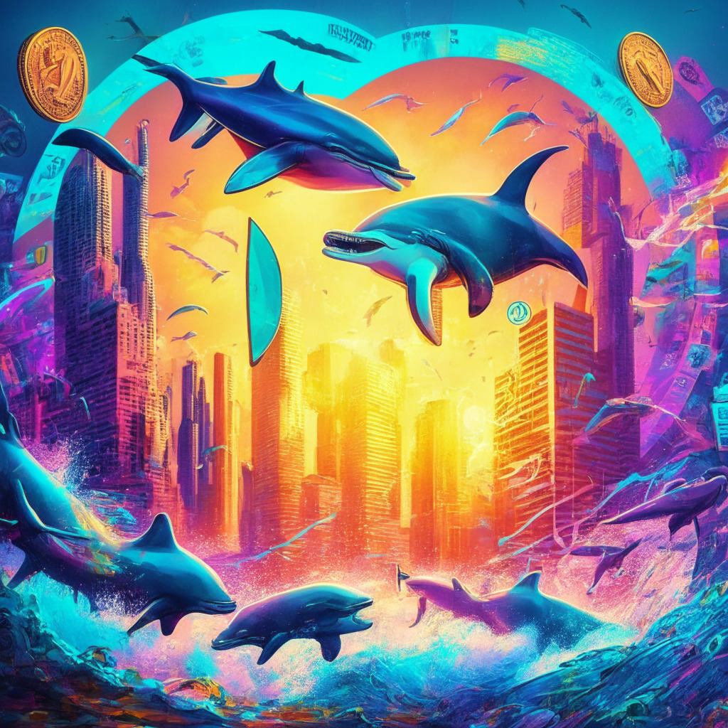Meme coin recovery, vibrant trading scene, sunrise in digital market, artistic financial graph, energetic mood, cyberpunk cityscape, colorful currency symbols, playful dolphins bouncing upward, sense of opportunity and excitement, interconnected global community, soaring growth, futuristic optimism.