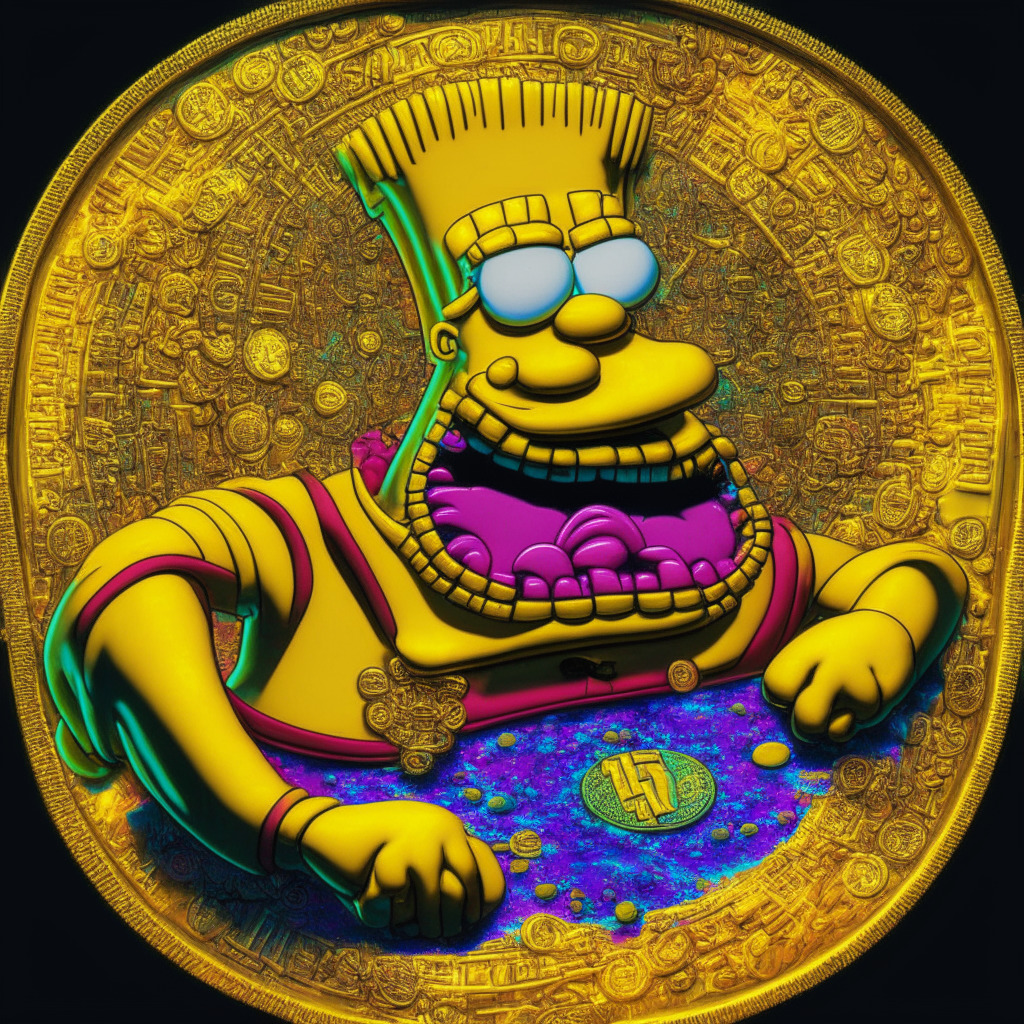 Cryptocurrency showdown: Homer Simpson-inspired coin, vibrant SpongeBob coin, futuristic AI artwork, artistic blend of surrealism & pop art, golden glow illuminating the fierce competition, intense contrasts & dramatic hues, playful yet suspenseful atmosphere, heightened anticipation in a world of oportunistic investments.