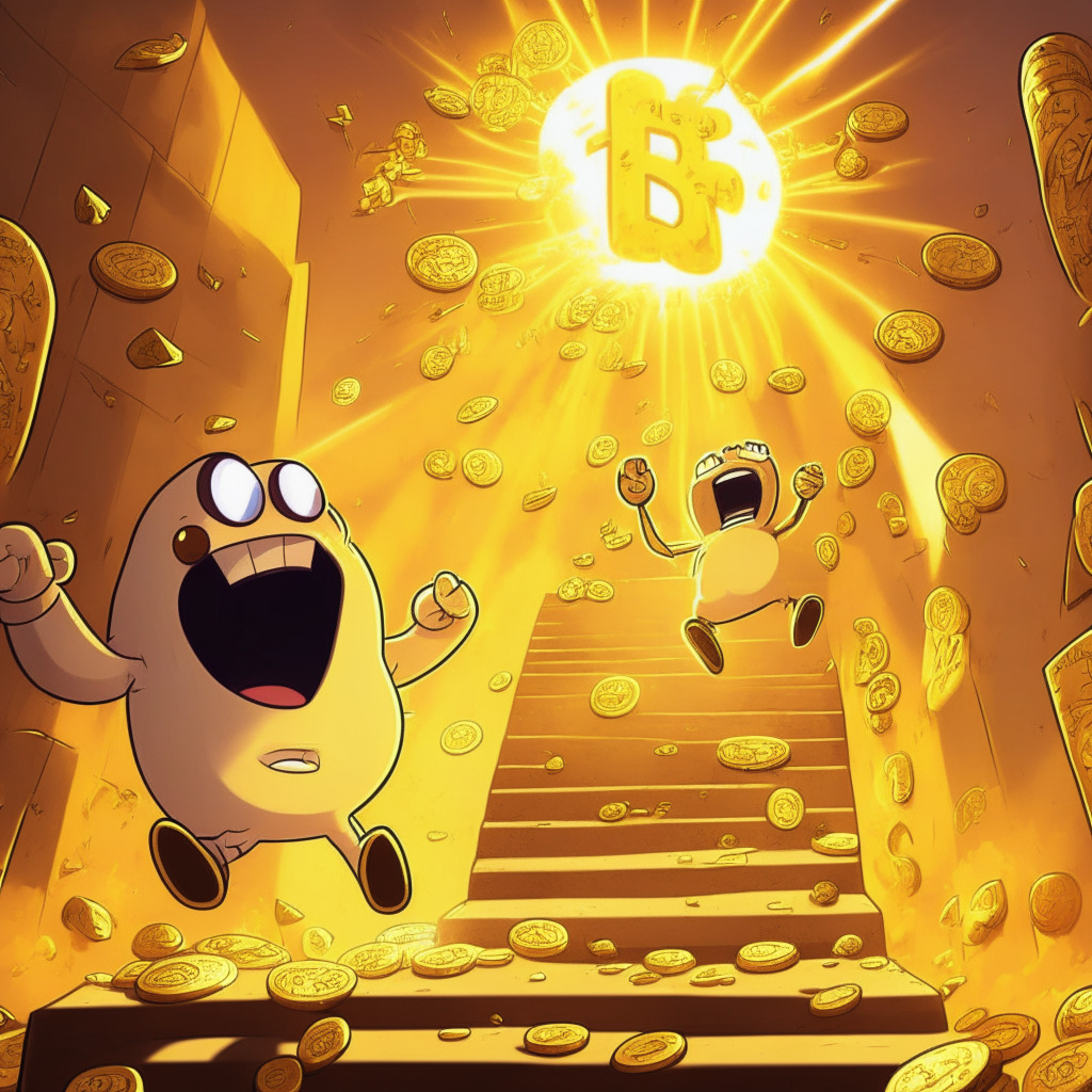 Meme Coin Showdown scene, surreal cartoon style, warm golden light, energetic ambiance, victorious mood. $SPONGE racing against Pepe, rocketing into top 10 rankings, crypto traders cheering in the background, ascending staircase with $SPONGE mascot, hints of Binance logo in the sky, notes of caution around investment decision.