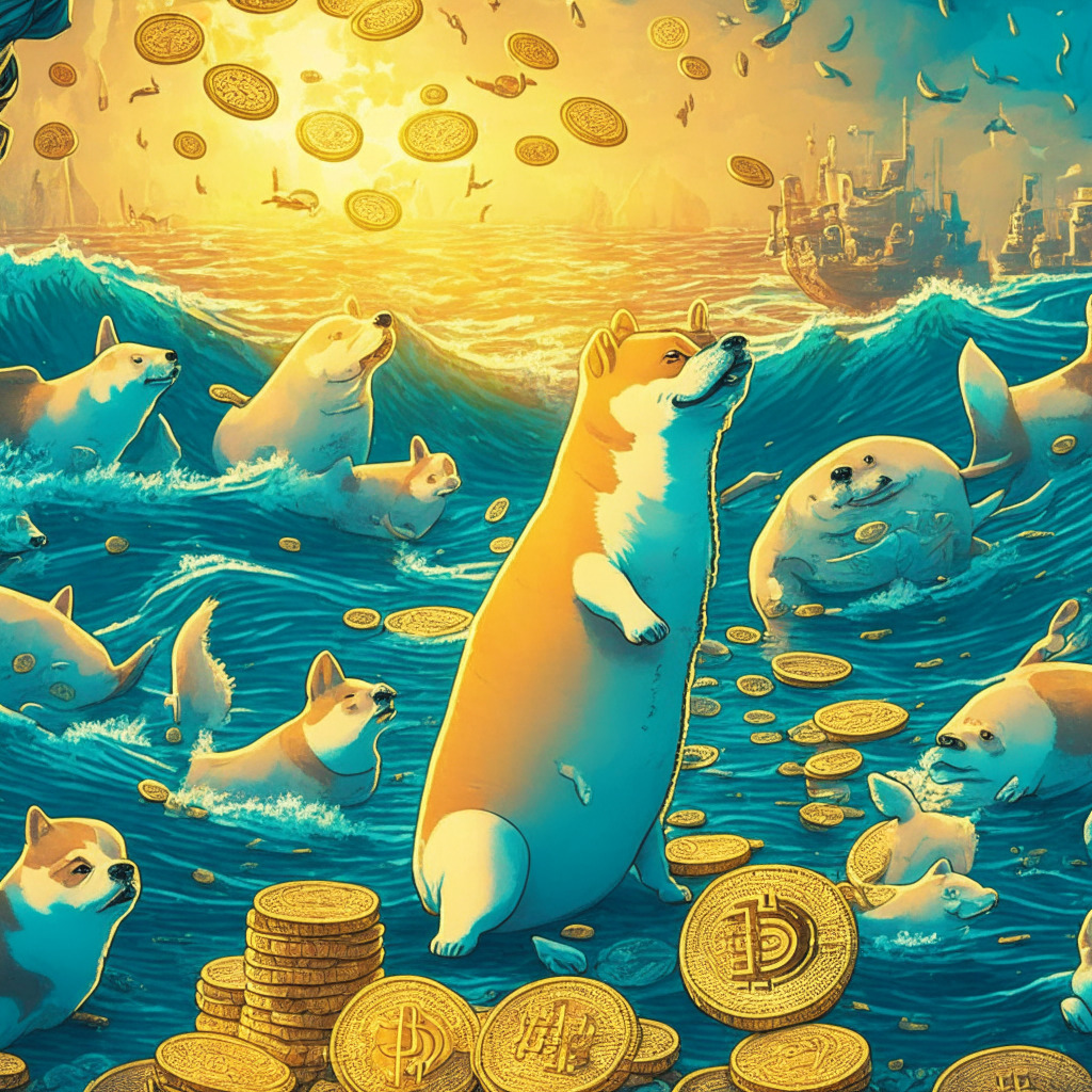Intricate crypto market scene, whimsical art style, soft evening light, focal point: whales dumping Dogecoin & Shiba Inu coins, background: rising PEPE coin, cool color palette, mix of excitement & caution in mood, hint of wealth exchange. Max. 350 characters.