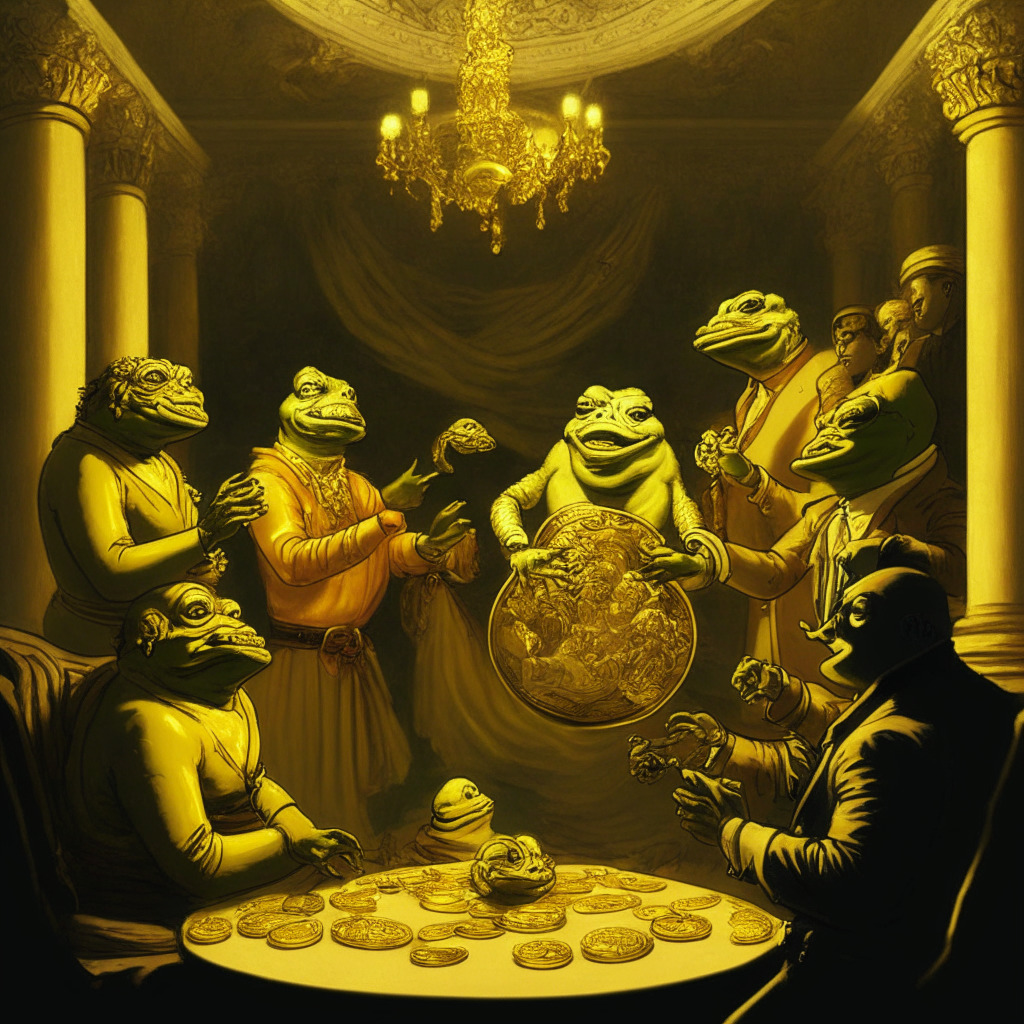 Intricate political meme scene, Wojak & Pepe characters engaging in debate, Copium & Generational Wealth tokens floating, Baroque style, golden hues, dramatic chiaroscuro lighting, intense emotions conveyed, playful yet controversial mood.