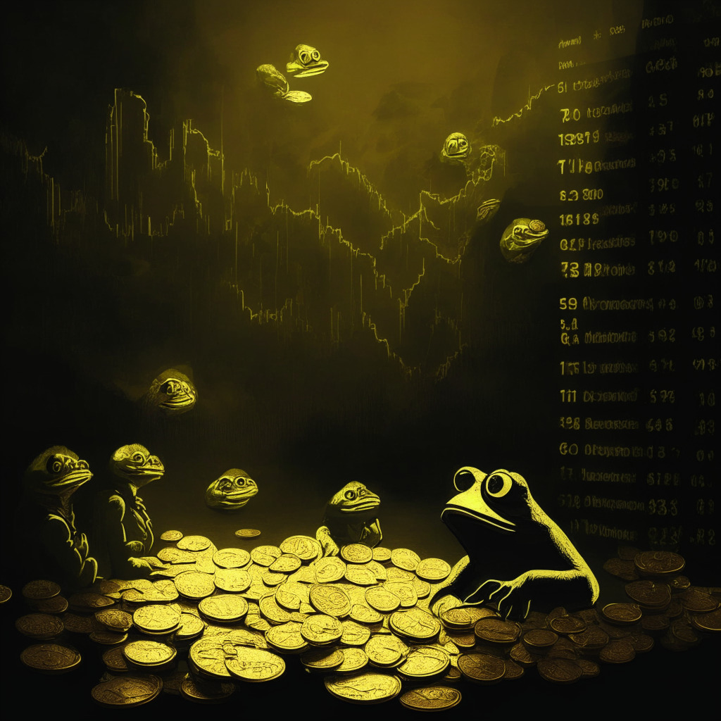 Cryptocurrency market with prominent meme coins, contrast between gold mine & high-risk bet, artistic representation of Pepe & Kermit coins, layers of investor skepticism, fluctuating graphs & numbers, golden NFTs, whimsical style, dark backdrop for uncertainty, contrasting light & shadows, moody atmosphere, blend of caution and opportunity.