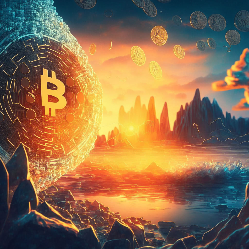 Cryptocurrency scene, soft sunrise light, contrasting meme coin mania, intricate blockchain elements, ethereal Ordinals, mining incentives, energetic mood, Layer-2 solution whispers, tightening Bollinger Bands, looming market rally. (142 characters)