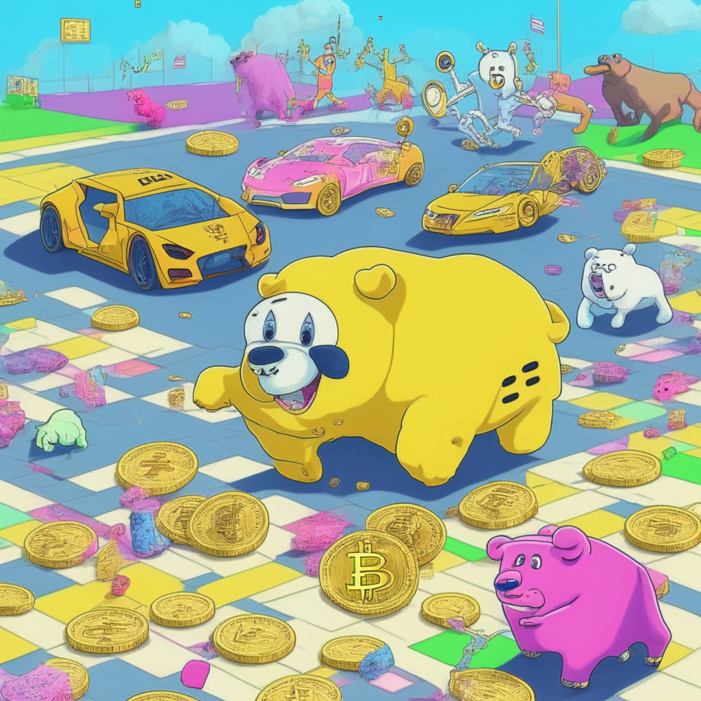 Intricate crypto scene, bear and bull battling, meme coins like JEFF, LAMBO, RIBBIT, SPONGE, AiDoge scattered around, Lamborghini sports car in the distance, a hopscotch grid with RIBBIT mid-jump, SpongeBob holding a meme coin, AiDoge producing a meme, warm pastel colors, soft glowing light, sense of investment opportunity, mixed feelings of risk & reward.