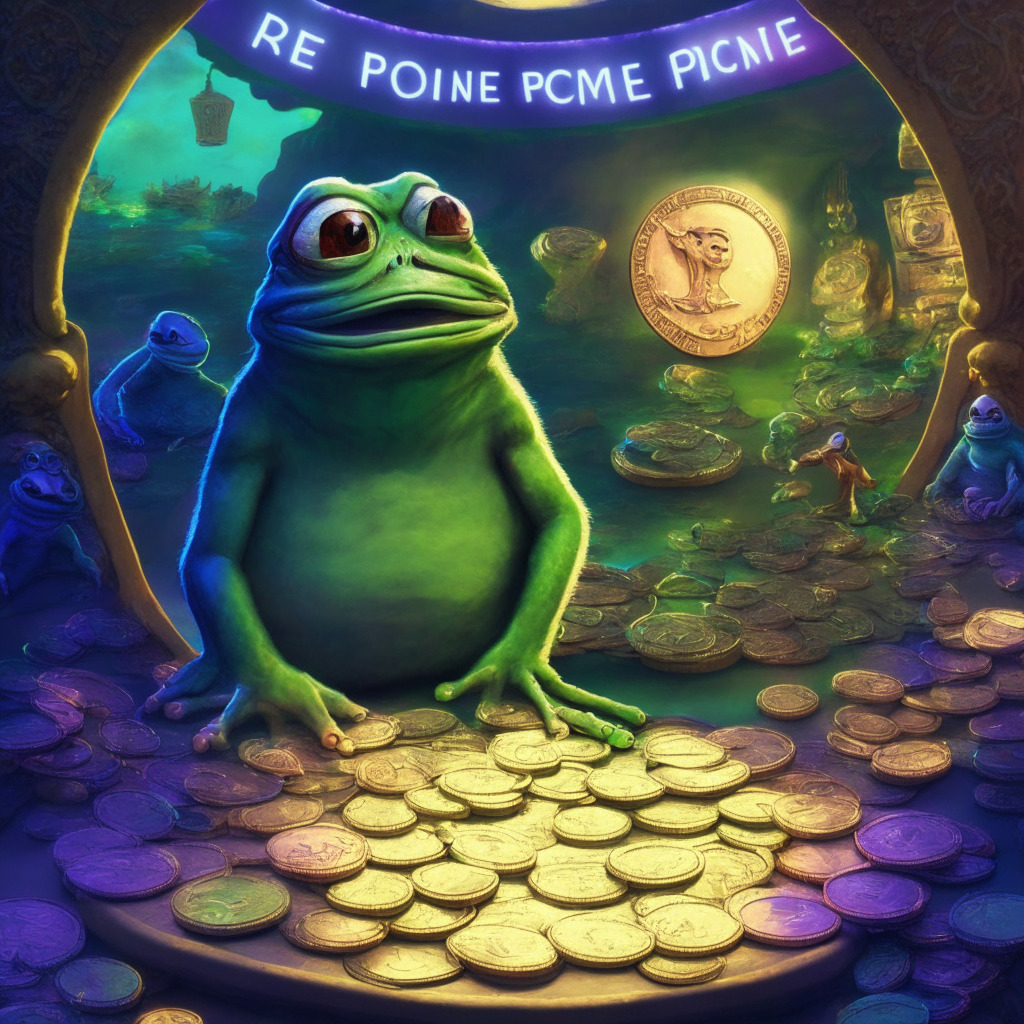 Meme coin realm with PEPE & FLOKI tokens, Binance Innovation Zone, contrasting coins' utility, NFT-based games & debit card for FLOKI, Pepe the Frog inspiration, elevated volatility & risks, perpetual contracts, chiaroscuro lighting, anticipation in vibrant hues, surrealistic environment, blend of playfulness & uncertainty.